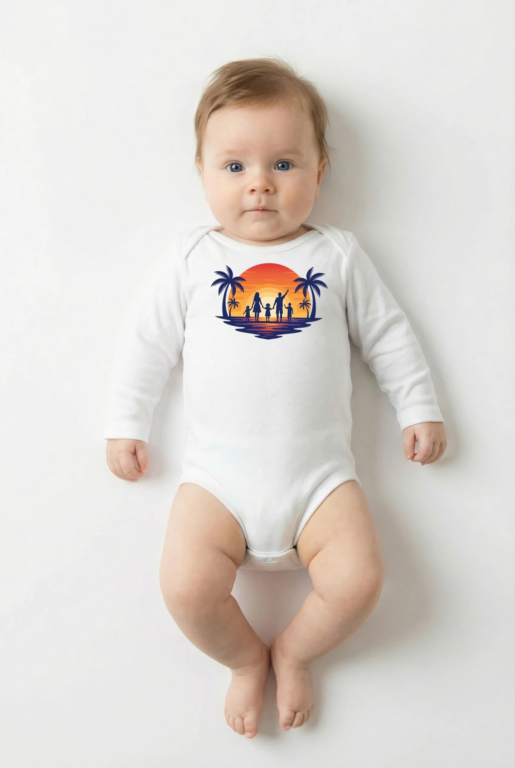 Body Rodinná Silueta U Západu Slunce Na Pláži S Palmami