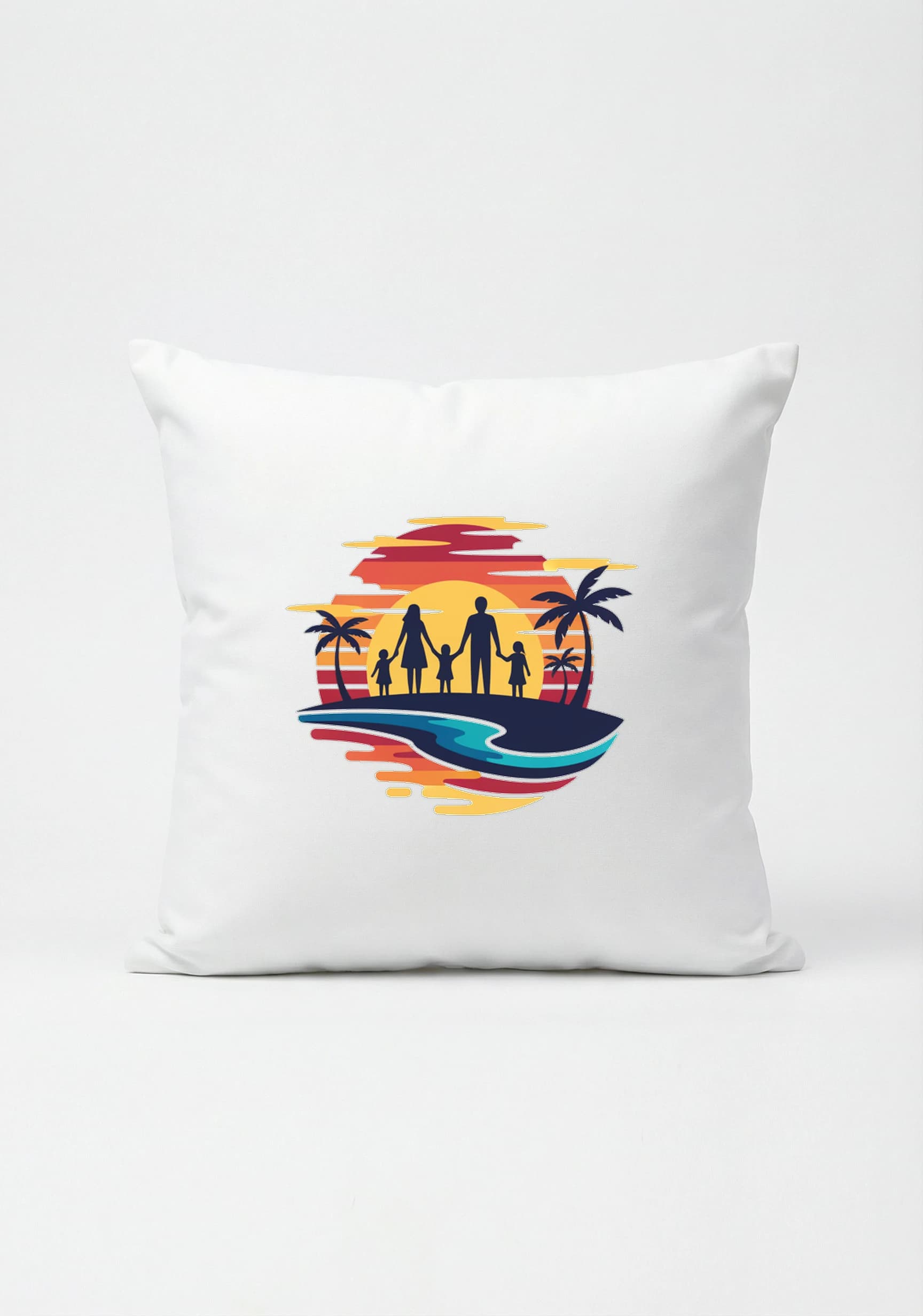 Polštář Rodinný Západ Slunce U Moře S Palmami A Vlnami