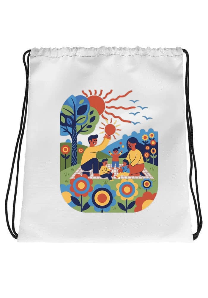 Stahovací vak Rodinný Piknik V Květinové Louce Slunce Smích A Barevná Pohoda