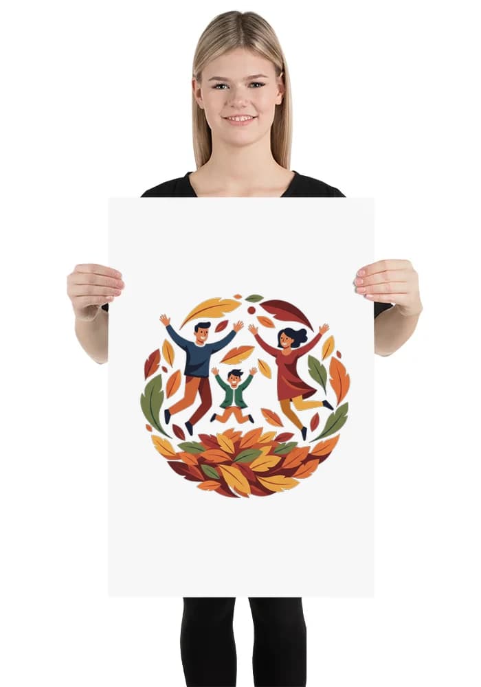 Plakát Rodinné Podzimní Hry V Barevném Listí Plné Radosti A Smíchu